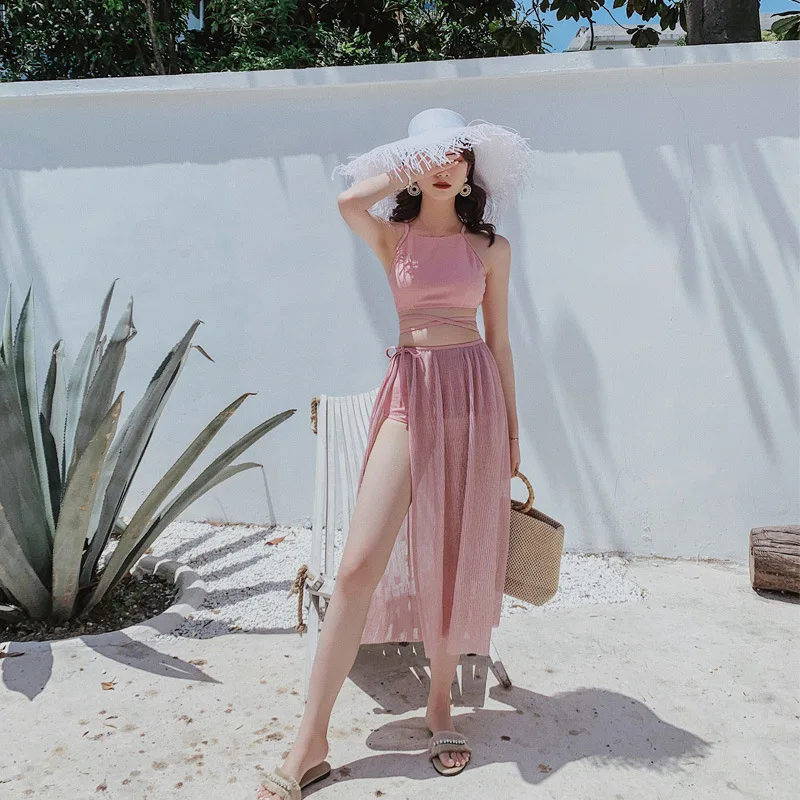 

South Korea-Two-piece Swimsuits Women's Tennis Red New Style Immortal Bikini Three-piece Set Beach Long Skirts Hot Springs Swimw