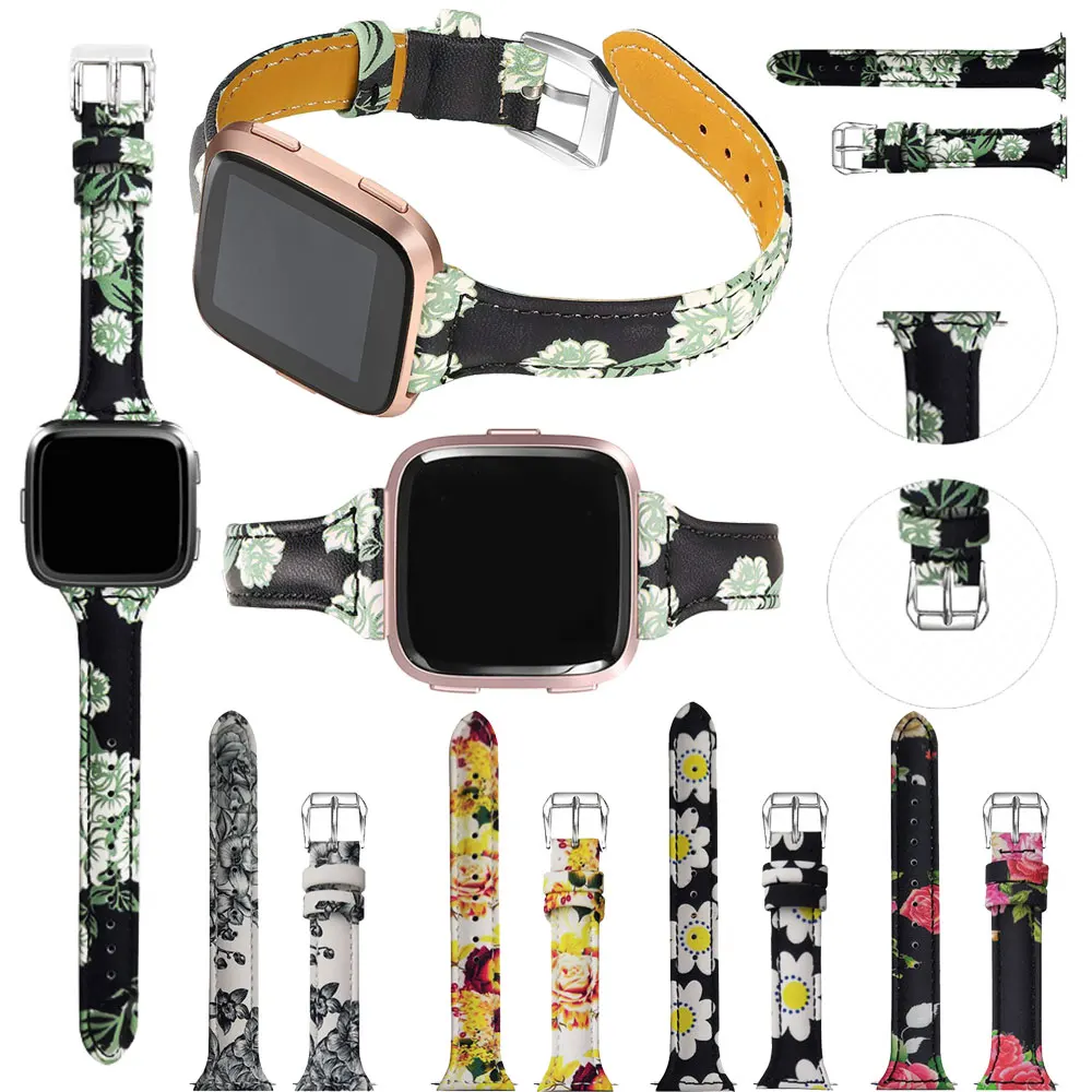 

Floral Printed Watch Band Strap For Fitbit Versa Watchband High Quality Replacement Wrist Bracelet Strap Genuine Leather Belt