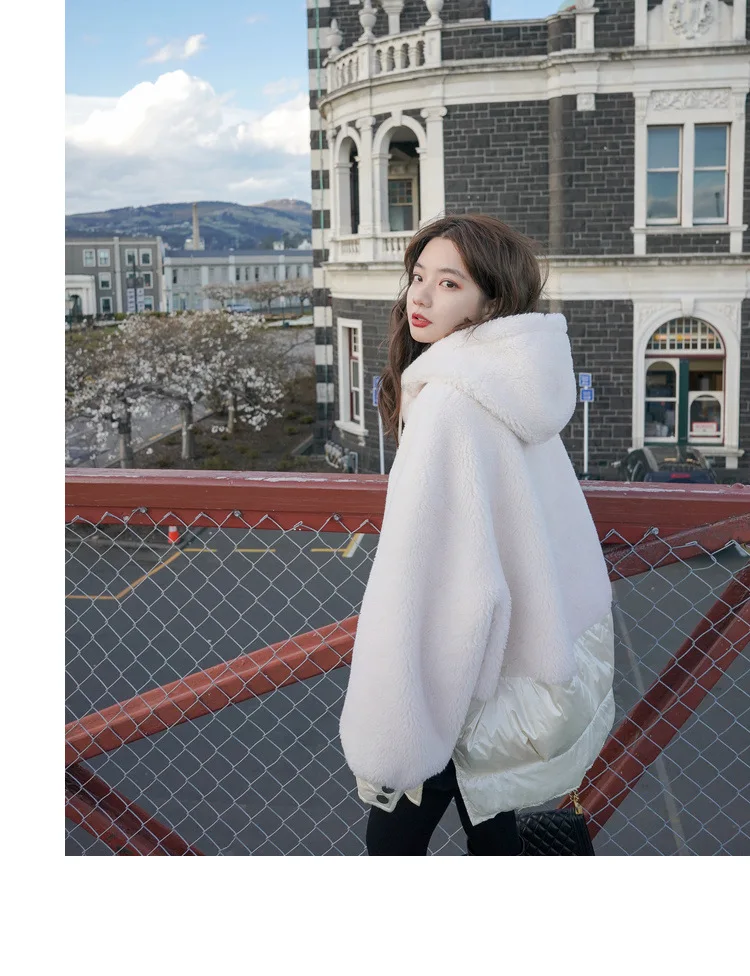 Фото фотосессия основной толчок шикарный ягненка шерсть Off-white свободный крой с капюшоном на шнуровке молнии сустава макет Двухсекционный Хлопок пальто женщин