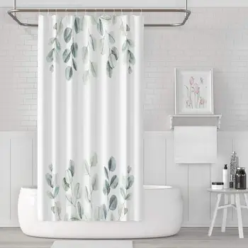 

Shower Curtain Set with 12 Hooks Watercolor Botanical with Eucalyptus Leaves Floral Greeting Signboard AndPolyester Fabric