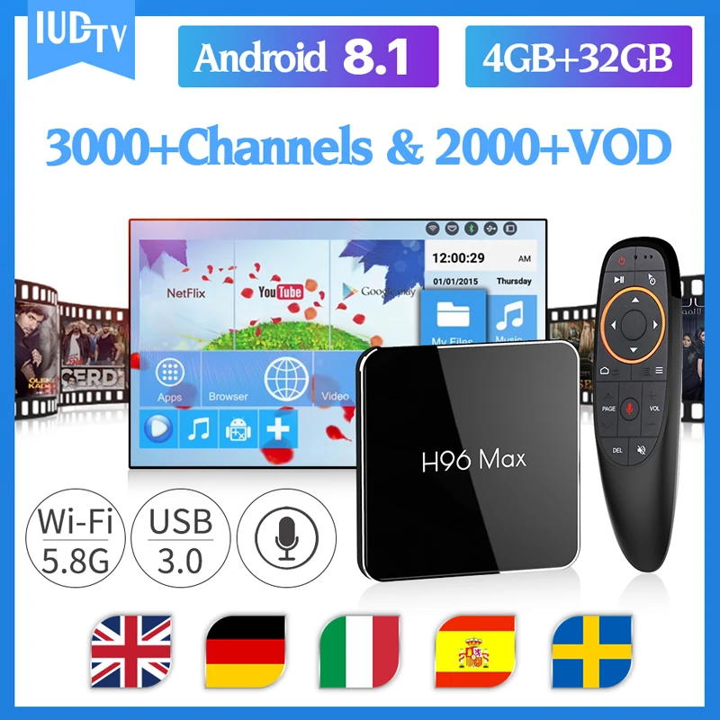 

IPTV Subscription H96 MAX IPTV France Sweden Germany Dual-Band wifi Android 8.1 S905X2 Voice control Greek India IPTV smart box