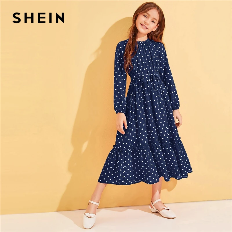 SHEIN Kiddie/милое красное платье в горошек с оборкой и поясом для девочек г., осенние длинные платья с длинными рукавами и рюшами