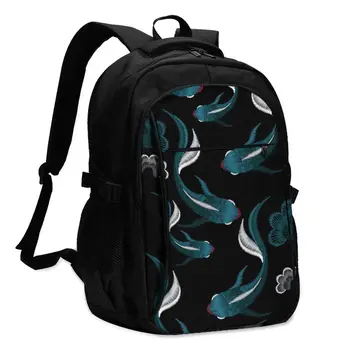 

Bags School Bags For Boy Girl TeenagerEmbroidery Blue Ethnic Koi Fish USB Charge Computer Laptop Back Pack