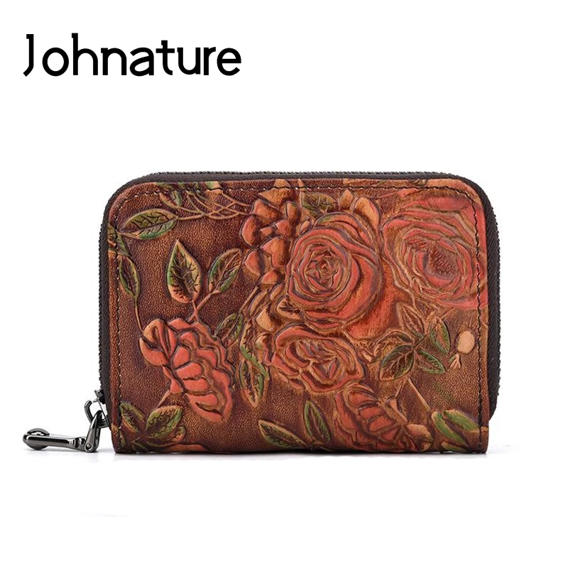 Женский винтажный кошелек Johnature из натуральной кожи на молнии с цветочным