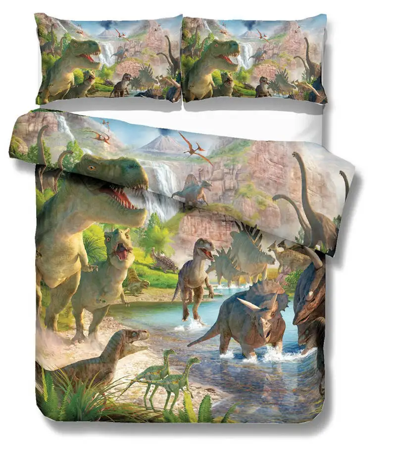 Erosebridal Conjunto de cama de dinossauro de desenho animado Queen,  lençóis de dinossauro para meninos, conjunto de cama de dinossauro antigo,  conjunto de cama de animais da selva com 2 fronhas decoração