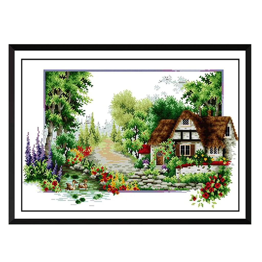 Full Range of Embroidery Starter Kits Stamped Cross Stitch Kits Beginners for DIY Embroidery (Garden House Pattern Designs)