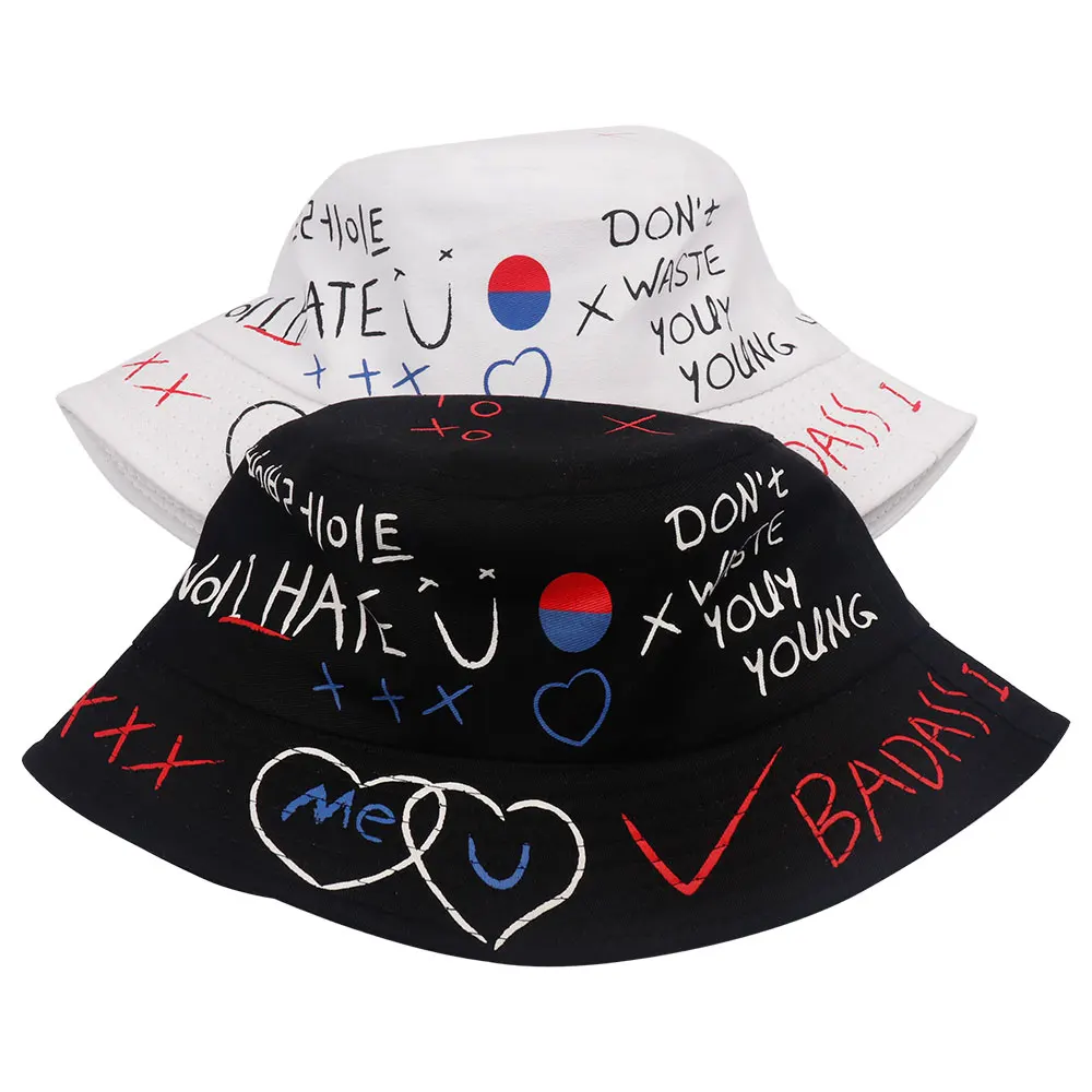 New Graffiti Bucket Hats Women Men Black White Hip Hop Harajuku Bucket Hat Woman Flat Casual Fashion Cotton Fisherman Hat Cap