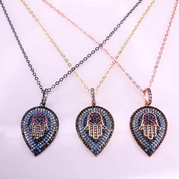 

4PCS, Drop Hamsa Hand Pendant Micro Paved CZ Stone Jewelry Charm Rainbow Crystal Necklace
