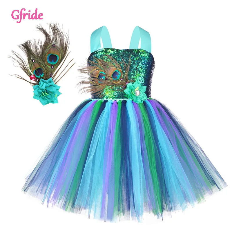 Girls Peacock Costumes Kids Glitter 