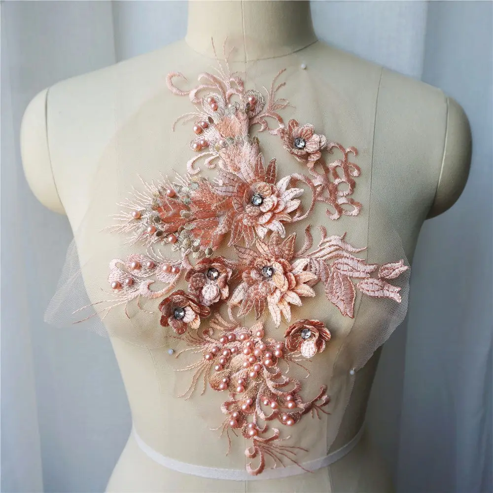 Champagne Flower Lace Fabric Beads Embroidered Gown Appliques Trims Collar Mesh Sew Patch For