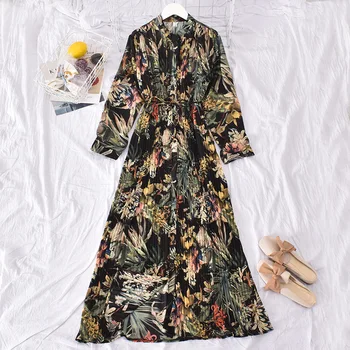 

[EWQ] 2020 Spring Autumn New Pattern Stand Collar Long Sleeve Print Patchwork Fold Adjustable Waist Dress Women 3AJ93009