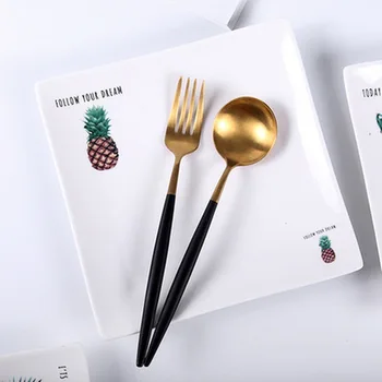 

11 Inch Nordic Green Leaf Square Ceramic Plate Home Kitchen Supplies Hotel Bone China Western Steak Salad Square Dish Tableware