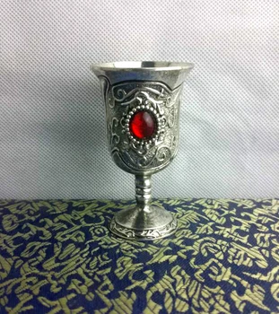 

Elaborate Chinese Collectable Tibetan Silver Decorated Handwork Inlaid with Imitation Red Bead Wine Cup