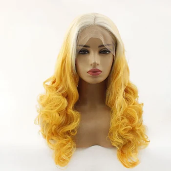 

Ombre Hair Body Wave Lace Front Wigs for Women Yellow Color Synthetic Hair Glueless Lace Wigs with Natural Hairline