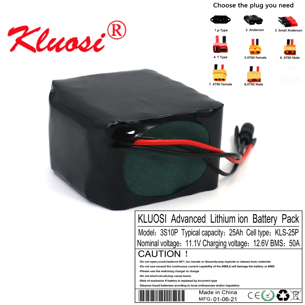 Аккумулятор KLUOSI 12 В 25 А · ч 3S10P 450 Вт 6 в литиевый аккумулятор с 50 BMS для инвертора