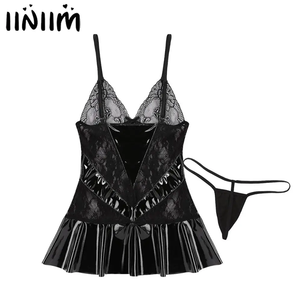 Womens Erotic Dresses Sexy Lingerie Set Spaghetti Straps Lace Leather Spliced Babydoll Nightdress with G-string Party Clubwear |
