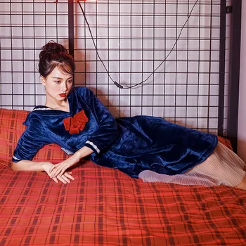 

Sweet Flannel Thick Warm Nightdress Female Home Service Korean Version Of Coral Velvet Women'S Japanese Navy Cute