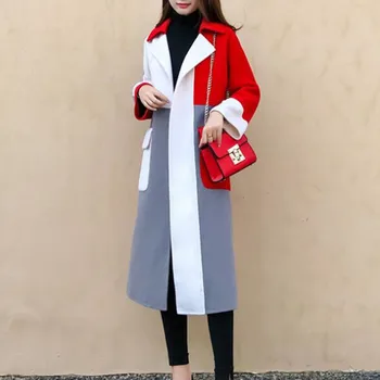 

Spring New Elegant Contrast Color Lapels Long Wool Coat Women Autumn Winter High Quality Blend Long-sleeved blazer Warm Outwear