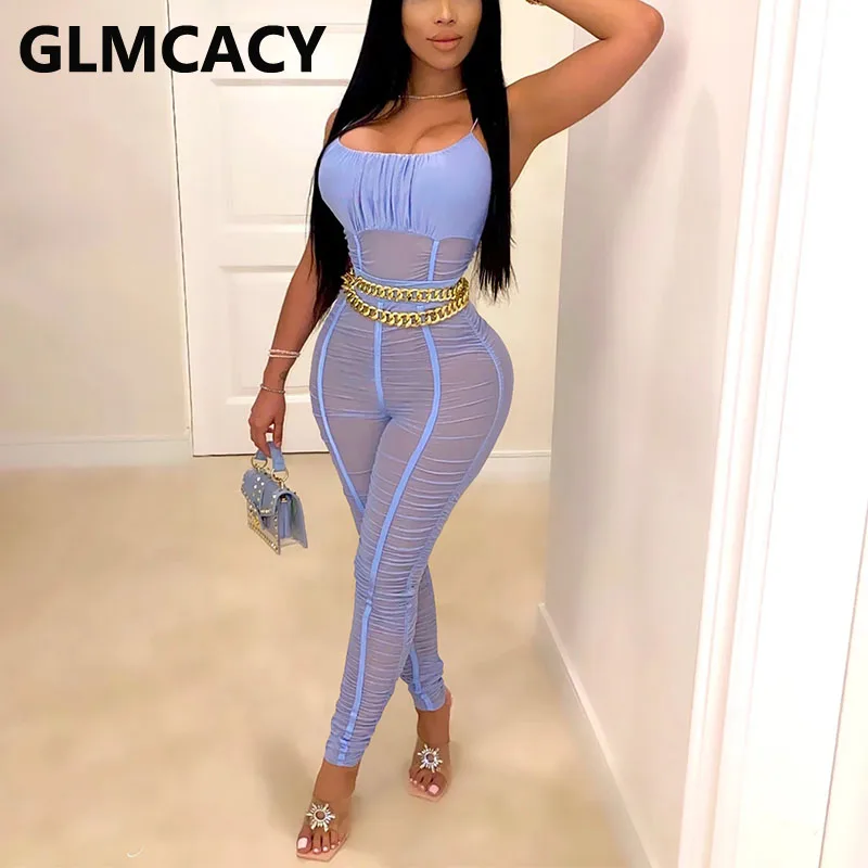 Women Spaghetti Stap Mesh Jumpsuit Sexy Ruched Skinny Solid overalls Chic Party Club Jumpsuit Women Spaghetti Stap Mesh Jumpsuit Sexy Ruched Skinny Solid overalls Chic Party Club Jumpsuit