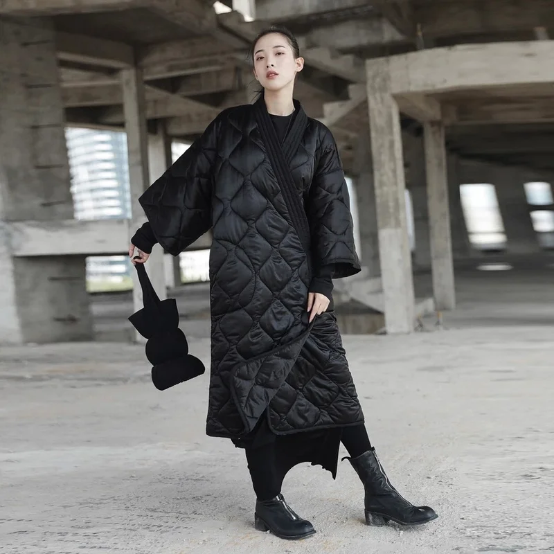 Женская темно-черная парка в японском стиле, пальто осень-зима, ремень с v-образным вырезом, плюс размер, Женское пальто с хлопковой подкладкой, теплые винтажные парки