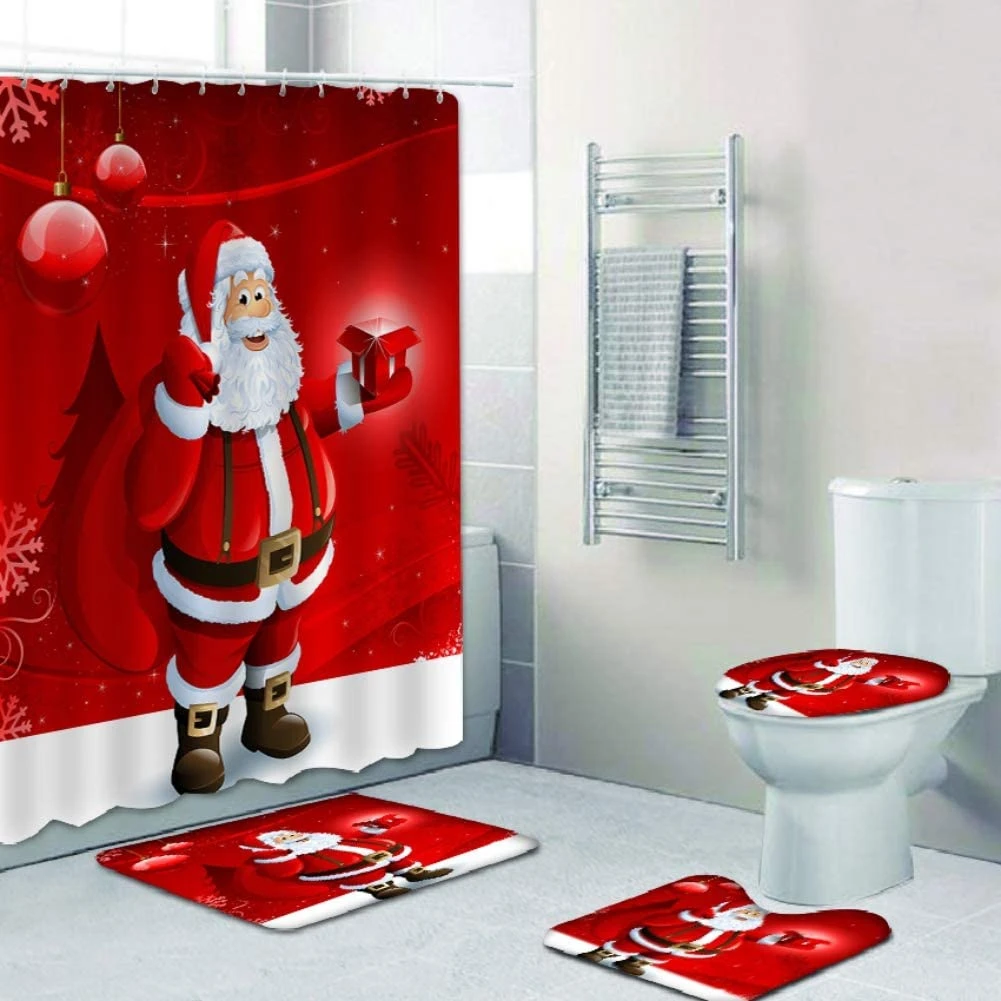 Juego de decoraciones navideñas el baño, cubierta de asiento de inodoro, alfombra, cortina de ducha, Papá Noel, alce, muñeco de decoración para el baño|Cortinas de ducha| - AliExpress