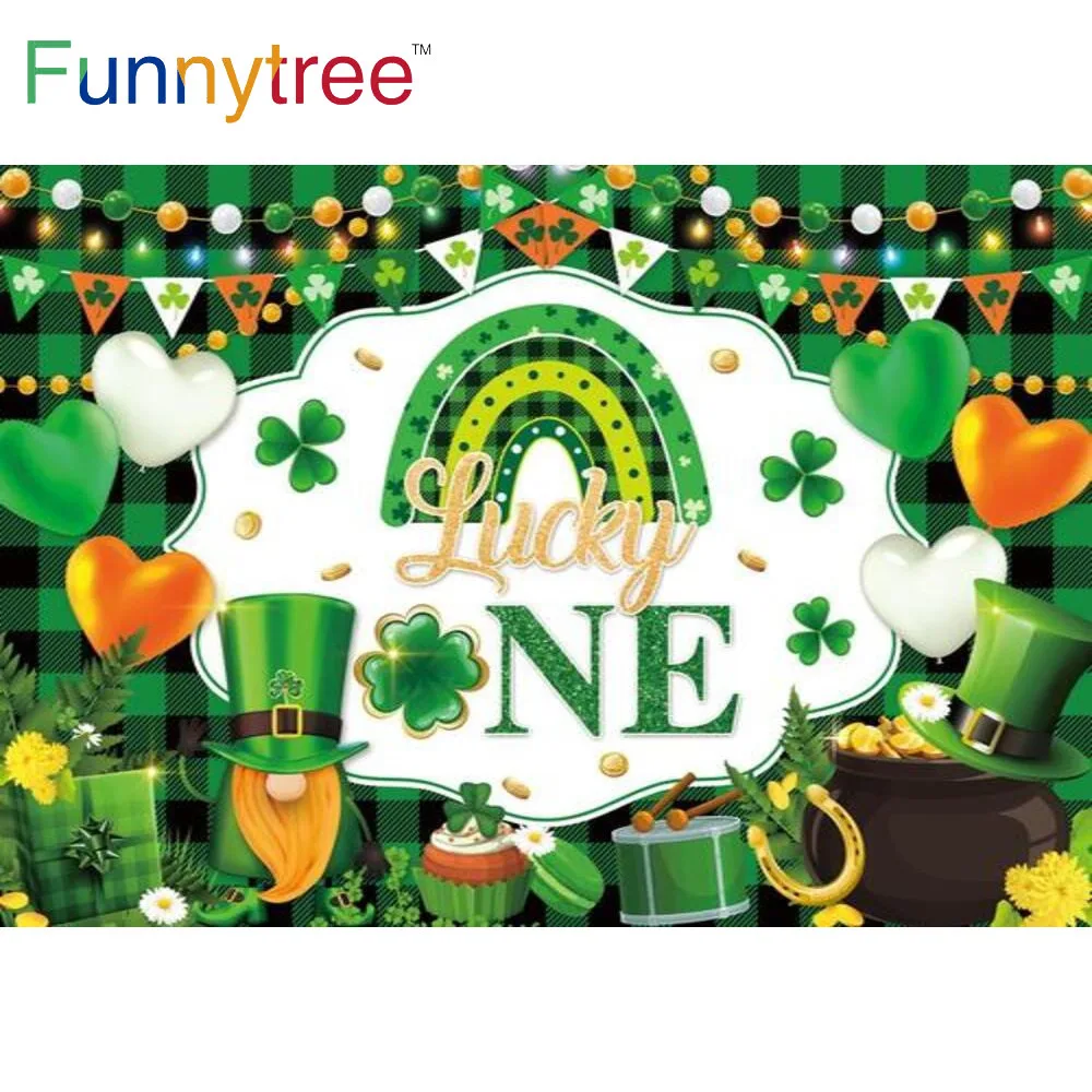 

Funnytree St Patrick's Day Spring Backdrop Lucky One 1st Birthday Party Baby Shower Rainbow Shamrock Celebrate Photo Background