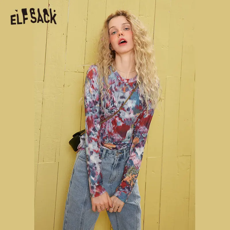Женская шифоновая блуза ELFSACK зеленая тонкая рыболовная сетка с цветочным принтом