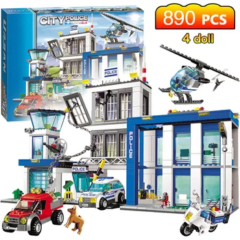 

890pcs City Police Station Building Blocks City Cop Car Jail Cell Helicopter Bricks Compatible Toys for Children