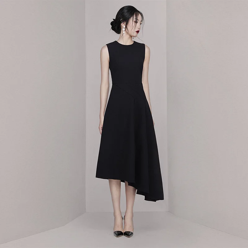 

2019 Early Autumn New Style Europe And America Debutante Elegant Black Dress Retro Fashion Irregular Mid-length Short-sleeve Dre