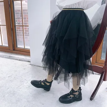 

Spring Autumn girls skirt baby tutu skirt kids long skirt children bottoms striped waist elastic layered mesh 4 to 14 yrs