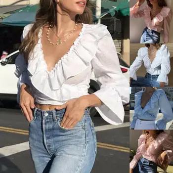 

2020 Newest Spring Women Ladies Long Sleeve V-Neck Ruffle Slim Short Shirt Blouse Crop Blue Puff Sleeve White Fashion Tops Shirt