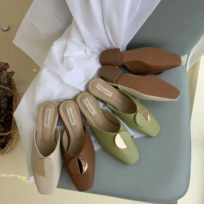 

Woman Shoes Luxury Slippers Women Summer Rivet Square heel Slides Buckle Strap Cover Toe Low Designer Soft Sliders 2019