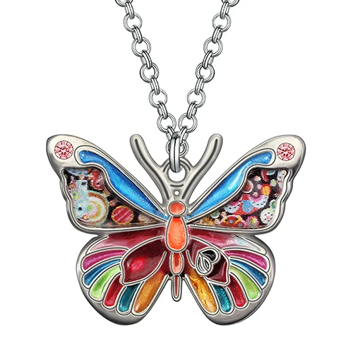 Bonsny Enamel Crystal Alloy Floral Insect Butterfly Necklace Pendant Chain Fashion Party Jewelry For Women Girl Teens Charm Gift Multicolor