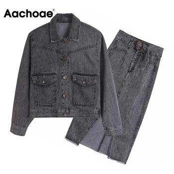 

Aachoae Women Cotton Gray Denim Skirt And Jacket Set 2020 High Street Pockets Coat Set High Wasit Sashes Split Skirt Outfit
