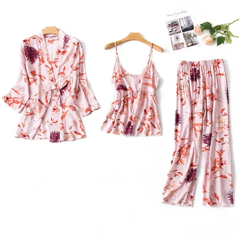 

Ladies nightgown suit cotton silk sexy sling V-neck three-piece loose cool and comfortable Homewear suit SP0009