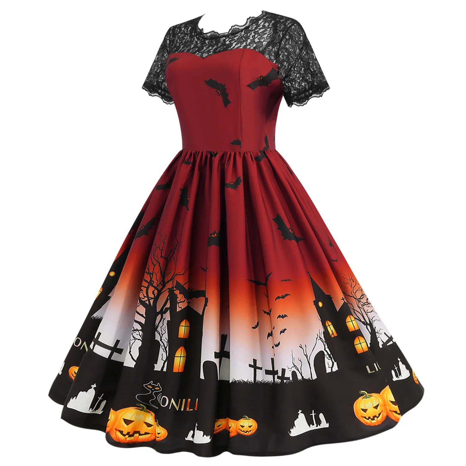 Halloween retro dark flocked long-sleeved dress