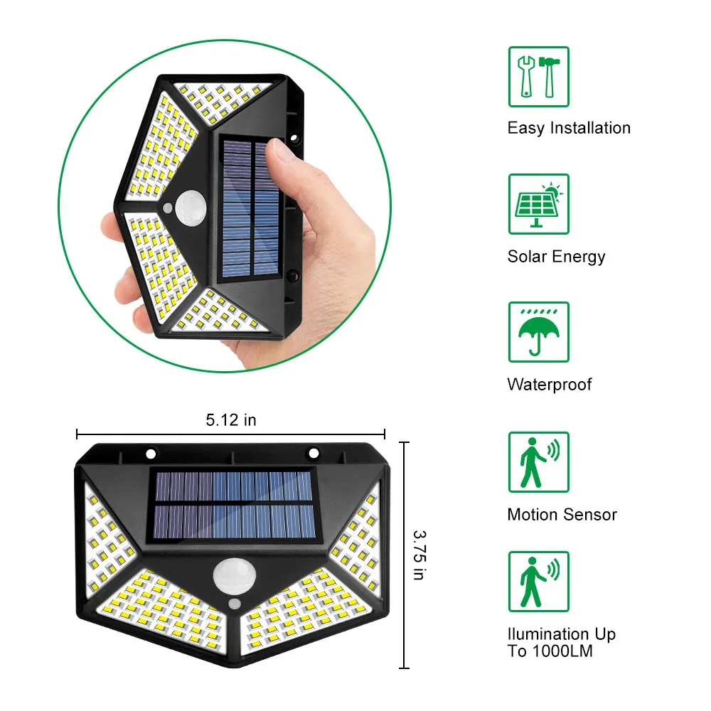 100 светодиодный четырехсторонний солнечный светильник, уличная Солнечная лампа, 3 режима, угол 120 градусов, датчик движения, настенный светильник, водонепроницаемые садовые лампы для двора