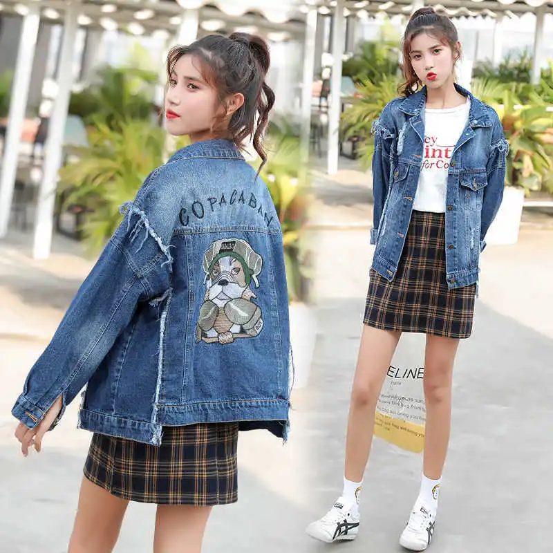 price reduction Fashion Frayed Hole Cowboy Denim Jeans Jacket Embroidery Women Loose Coat Female Autumn Chaqueta Mu