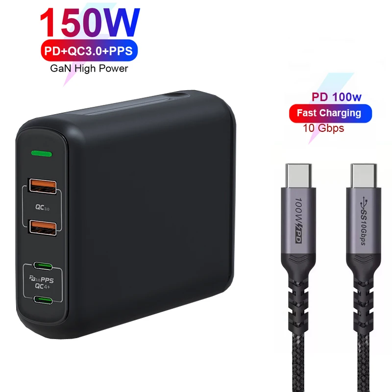 GaN 150W PD Quick Charge QC4.0 3.0 USB-C Travel Adapter Wall Mobile Phone  Adapter Fast Charger For iPhone Xiaomi Huawei