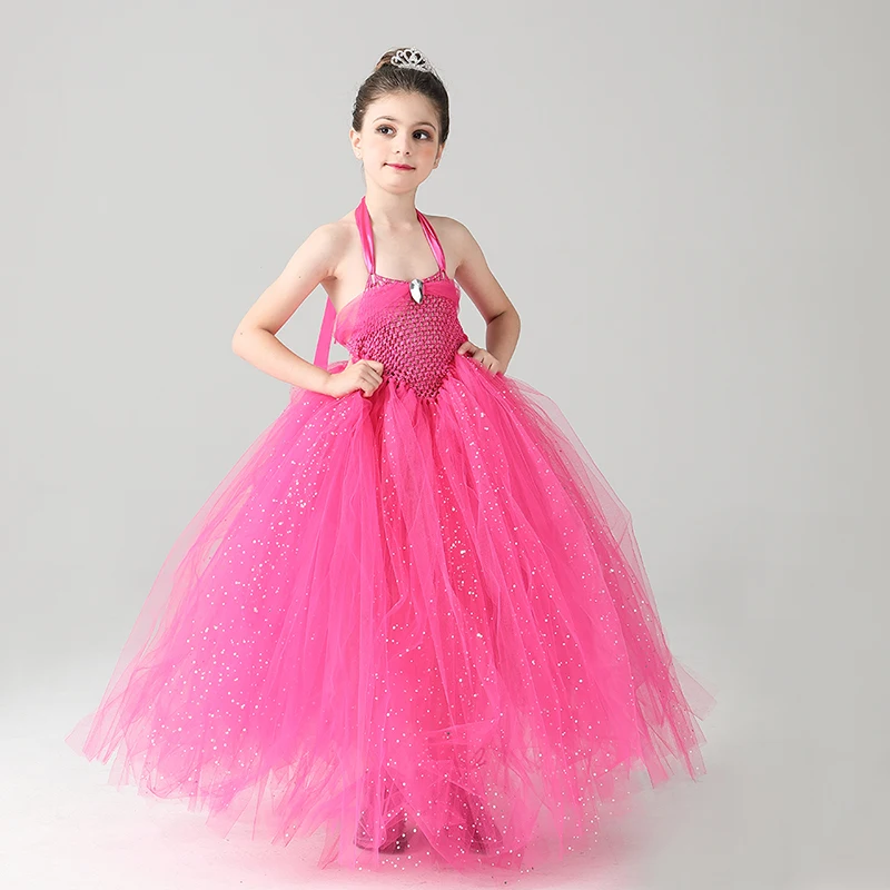 Glittery Hot Pink Tulle Girls Party Tutu Dress Princess Stunning Ball Gown Dress for Children Wedding Pageant Birthday Costume