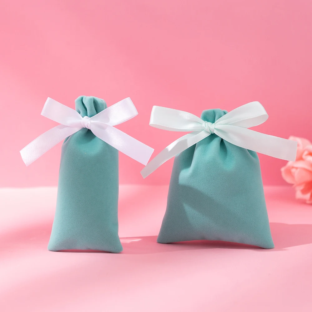 50Pcs  Velvet Bag with Ribbon Cotton Flannel Jewelry Gift Pouch for Wedding Candy Gift Packing Christmas Decoration Custom Logo