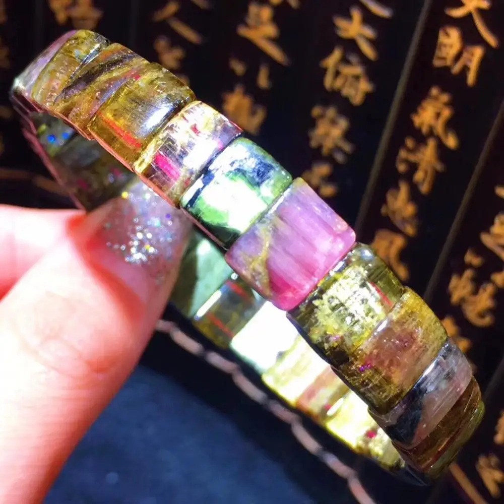 

Natural Colorful Tourmaline Quartz Bracelet For Woman Man Crystal Cat Eye 10x6mm Rectangle Beads Stretch Bangle Jewelry AAAAAA