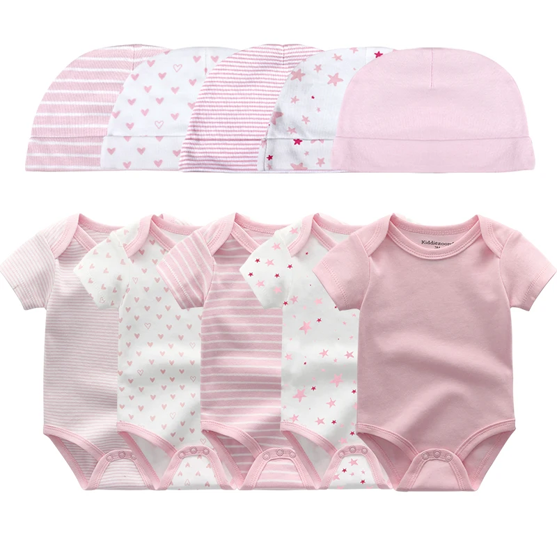 

Newborn Girl Clothes 5 Sets Bodysuits+Hat Clothing Baby Boy Summer Clothing Set Cotton Breathable New Born Infant Outfits 0-6M