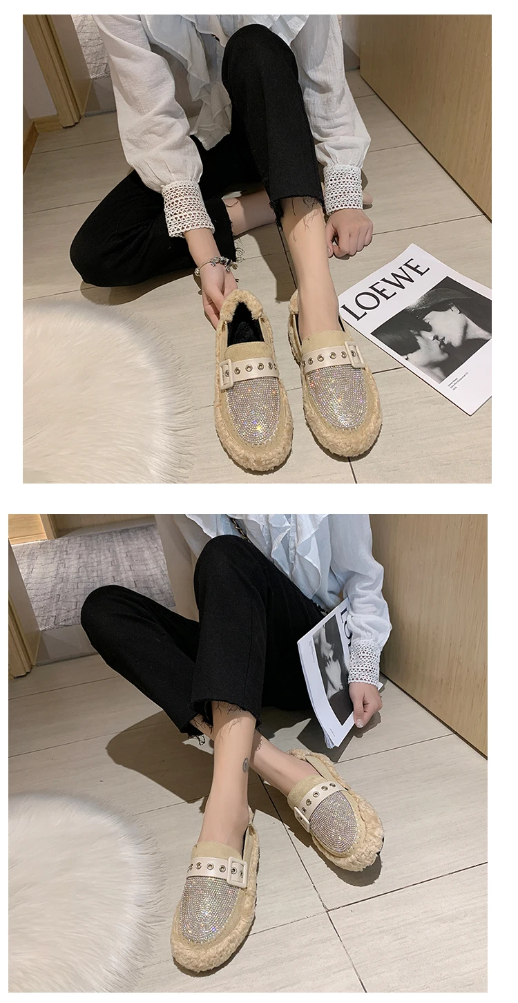 Korean Shoes Women All-Match Casual Female Sneakers Women's Moccasins Round Toe Autumn Loafers Fur Flats Crystal New Fall