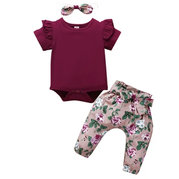 

3PCS Newborn Baby Girls Tops Romper Floral Pants Headband Outfits Set Clothes