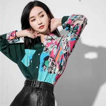 

iMucci 2020 New Spring Summer Women Blouses Long Sleeves Turn-down Collar Patchwork Color Loose Female Shirt Tide TM1322
