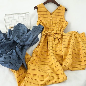 

New Fashion Women Jumpsuits 2020 Summer Sleevelss Vintage Plaid Slim High Waist Straight Pants Casual Romper Woman Overalls