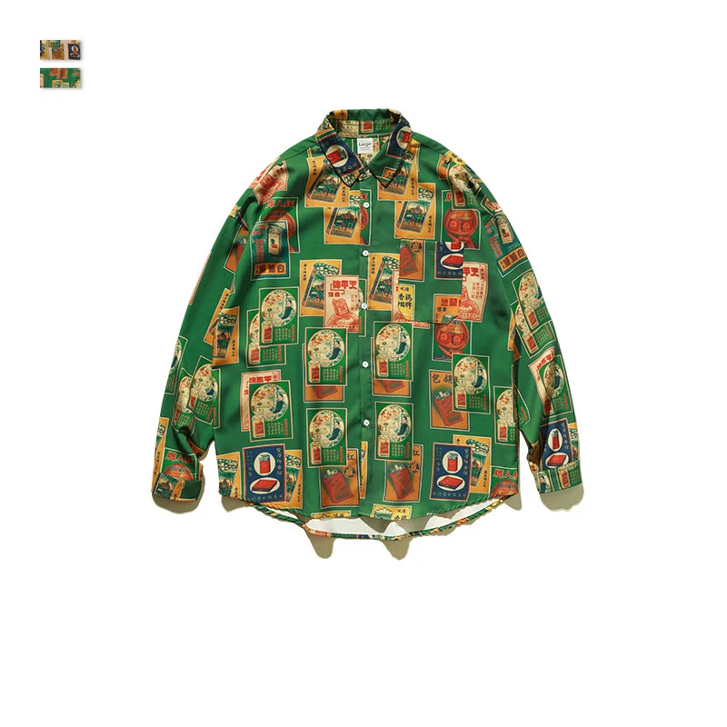 Хип-хоп рубашка уличная Мужская гавайская рубашка Ретро сигаретный принт Harajuku с длинным рукавом Повседневная мужская рубашка топы негабаритных размеров - Цвет: green