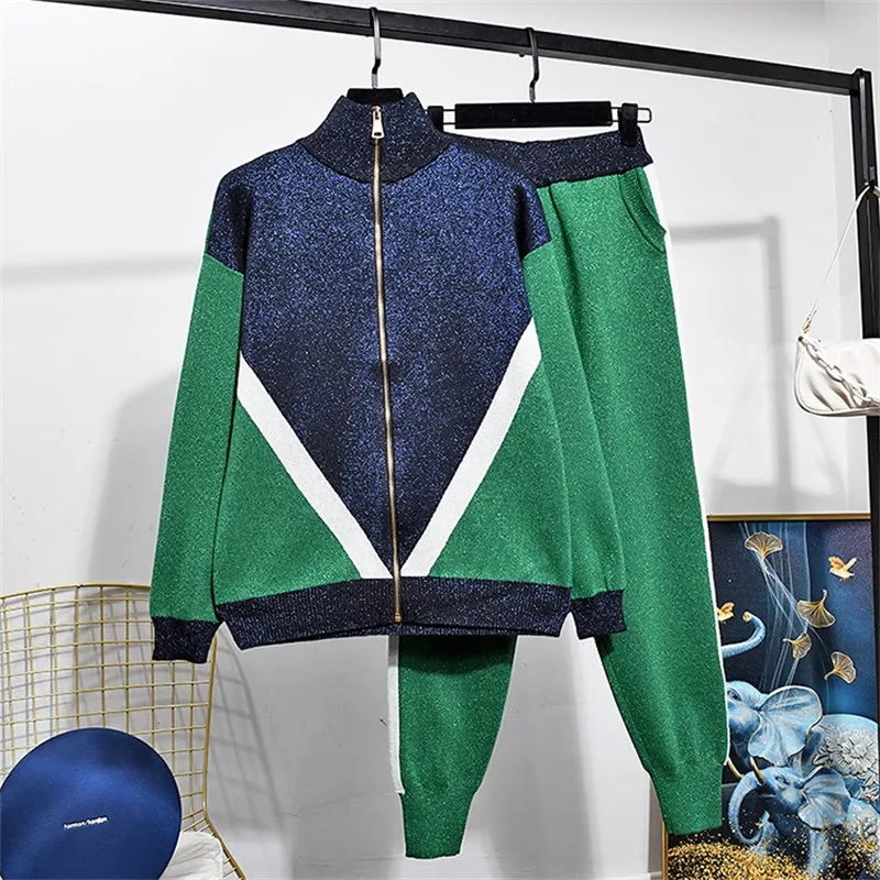 

Bright silk Knitted Tracksuits Women Two Piece Set Fashion Cardigan Sweater Trousers Outfits Loose Casual Knitting Suit Female