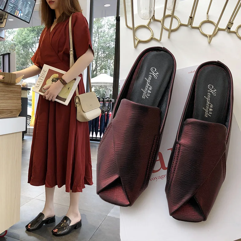 

2019 Spring New Style Outer Wear Flat Sandals Women's Versatile Semi-high Heeled Low Heel Fish Mouth Square Head Single-strap Sl